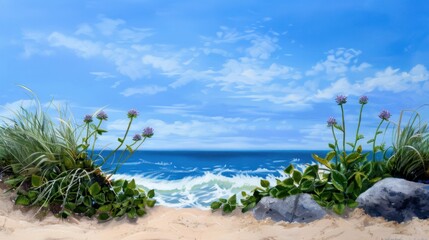 Fototapeta premium Serene Coastal Scene with Lush Greenery and Gentle Ocean Waves Under a Bright Blue Sky