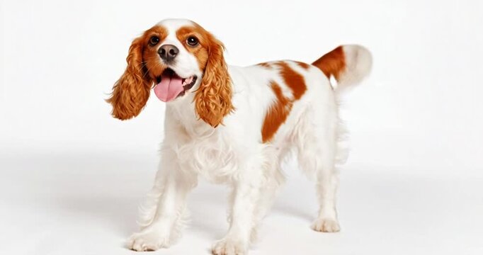 Pure youth crazy. English cocker spaniel young dog is posing. Cute playful white-braun doggy or pet is playing and looking happy isolated on white background. Concept of motion, action, movement