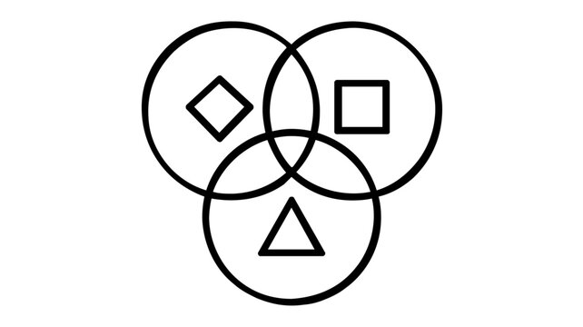 Minimalist vector illustration of a Venn diagram with three overlapping circles containing a diamond, square, and triangle, ideal for business logic, data sets, and technology concepts.