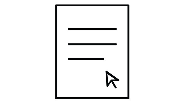 Minimalist vector icon illustration of a document form with input fields and a mouse cursor arrow, representing online registration, digital paperwork, data entry, and electronic filing.