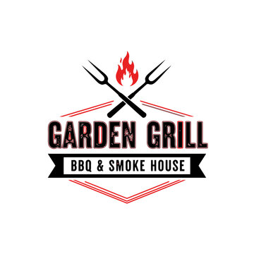 Vintage Grill Barbeque barbecue bbq grill with crossed fork and fire flame Logo design.