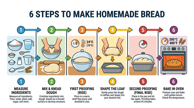 A colorful infographic showing six clear steps for baking fresh homemade bread in a domestic kitchen for culinary hobby enthusiasts