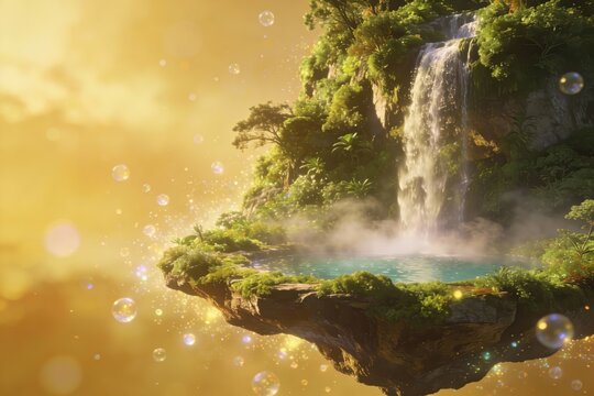 Floating Island Waterfall Fantasy Scene Golden Light Mist Bubbles Tropical Paradise Surreal Landscape