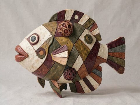 Colorful Abstract Fish Sculpture Made of Terracotta Tiles with Geometric Patterns and Earthy Tones for Decor