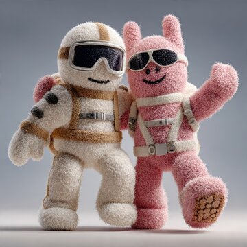 Cute plush astronaut and pink bunny waving together in cozy space adventure scene with soft textures and friendly expressions