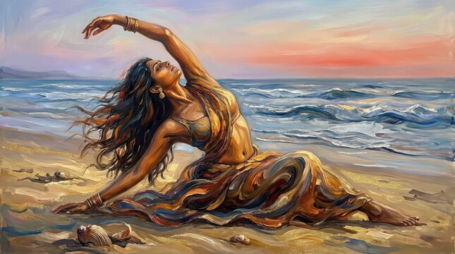 Beach Dance Woman Sunset Yoga Pose Ocean Waves Sand Seashells Artistic Oil Painting Golden Hour Serenity