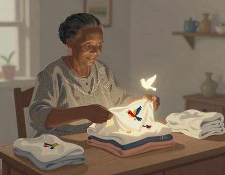 Elderly woman folding embroidered children's shirts with bird motifs under soft natural light at wooden table