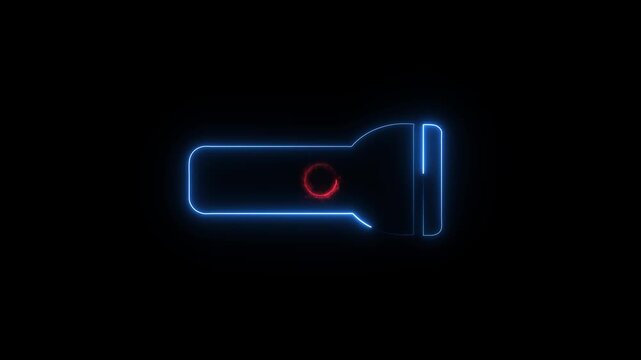 A glowing neon torch flashlight icon and motion graphic animation with glowing electricity.Abstract torch light,flashlight,light icon animation.