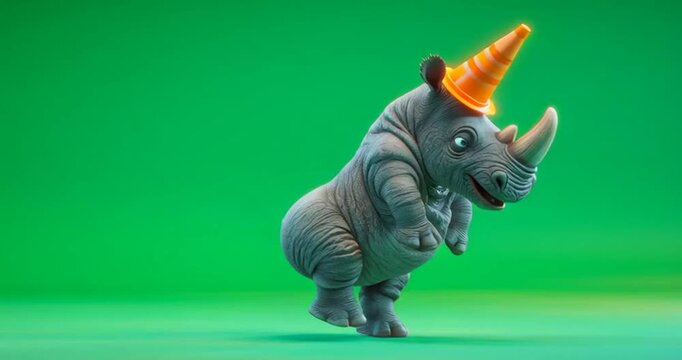 A cartoon rhinoceros wearing a traffic cone dances on green screen background