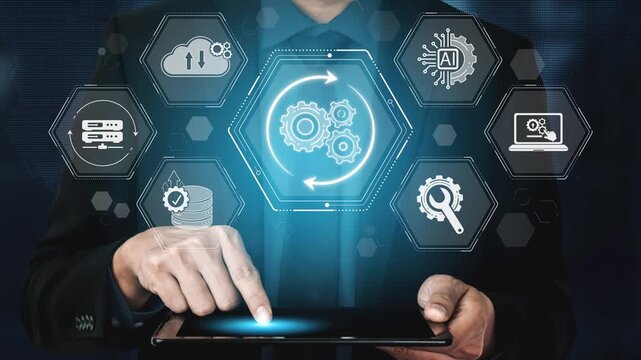 Modern Business Technology Concept with Digital Interface, Gear Icons, Cloud Computing, and Data Visualization on Tablet Displaying Innovation and Automation Sigmoid