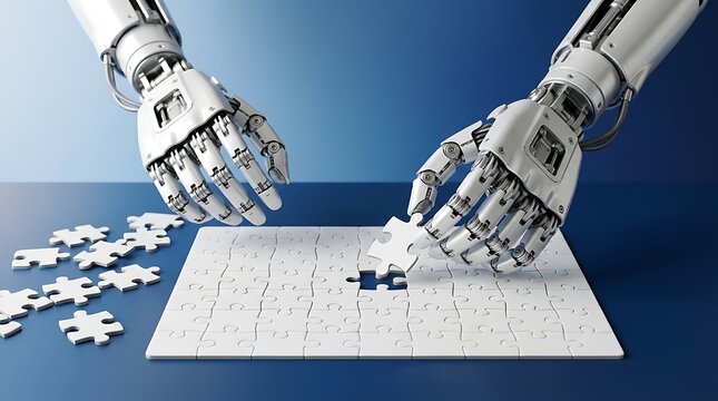 Robotic hands placing a final puzzle piece into a white jigsaw board representing artificial intelligence problem solving