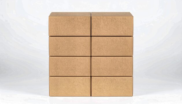 Stack of eight brown cardboard shipping boxes on white background