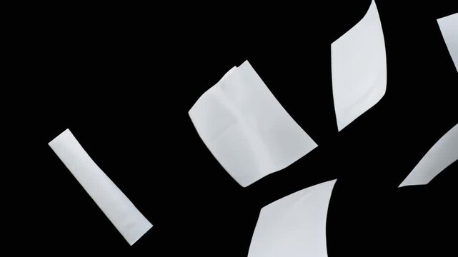 Several blank white pages fly through the air against a solid black backdrop. This 3D animation is perfect for office-themed transitions, business documents, or creative writing concepts.