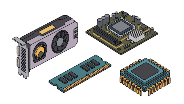 Isometric illustration of essential computer hardware components including a graphics card, motherboard, RAM stick, and central processing unit on a white background.