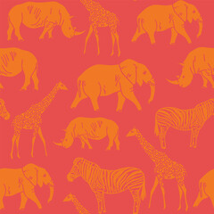 A bold and playful safari seamless pattern featuring zebra, giraffe, elephant, and rhino in vibrant orange tones on a warm coral red background. This modern, high-contrast design adds energy and fun. © blesana