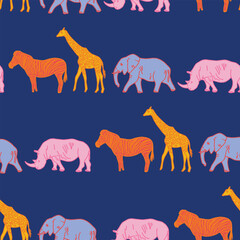 Playful seamless safari pattern featuring zebra, giraffe, elephant, and rhino in bold, modern colors on a deep blue background. Fun, hand-drawn animal design.  © blesana