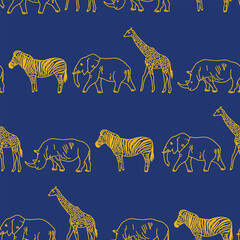 Playful seamless safari pattern featuring zebra, giraffe, elephant, and rhino in bold, modern colors on a deep blue background. Fun, hand-drawn animal design.  © blesana