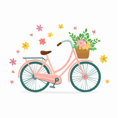 Fototapeta premium A pink bicycle with flowers in basket.