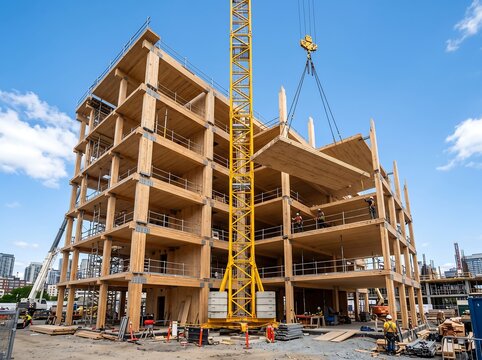 IA generated. Large-scale construction site of a modern multi-story building using mass timber, cross-laminated timber (CLT), and glulam beams, showcasing sustainable urban architecture and eco-friend