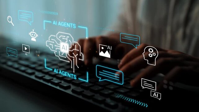 Futuristic Technology Concept with Artificial Intelligence Agents, Digital Interface, Human Hands on Keyboard, Innovative Communication Tools for AI Interaction Gluon.