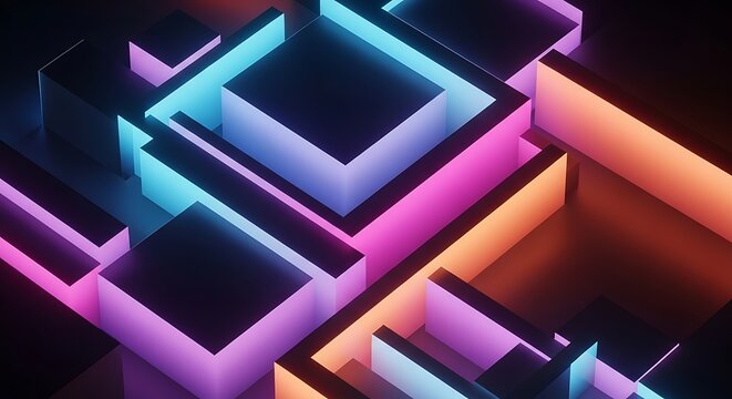 Overlapping geometric squares and rectangles with glowing neon edges in purple, orange, and blue hues against a dark background.