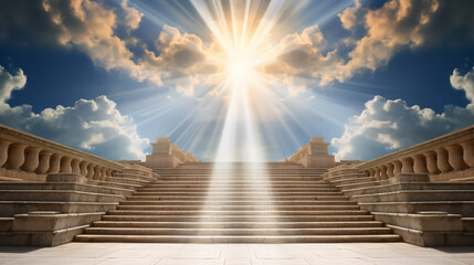 Fototapeta premium Stairway Curving Through Clouds Into The Light Of Heaven With Blue Sky