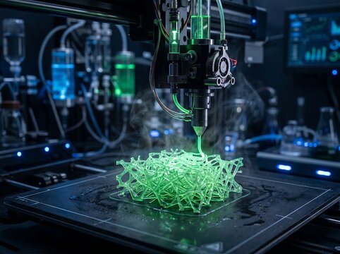 IA generated. Close-up of a high-tech bioprinter extruding a green biocompatible polymer to create a complex organic scaffold in a laboratory setting for medical research and bioengineering.
