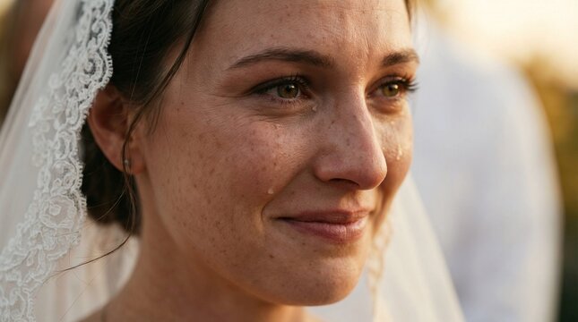 Emotional close-up portrait of a bride with tears of joy on her face, wearing a veil, captured in soft natural light during a wedding moment.