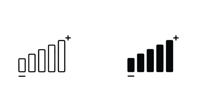 Signal strength volume bars outline and solid black silhouette vector icons for interface and audio design isolated on white background