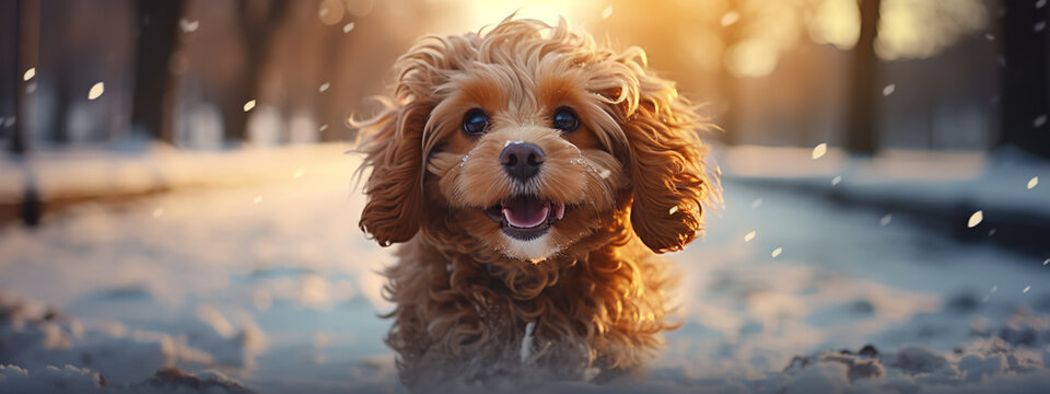 dog running fast with tongue sticking out during winter walk in snowy wood