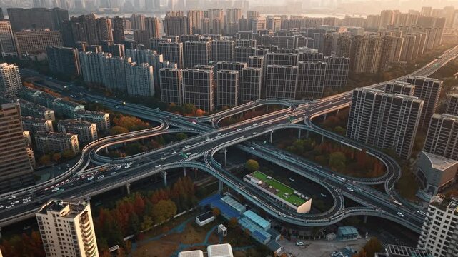 Aerial shot of complex freeway interchange with flowing traffic in Hangzhou, China during sunset.