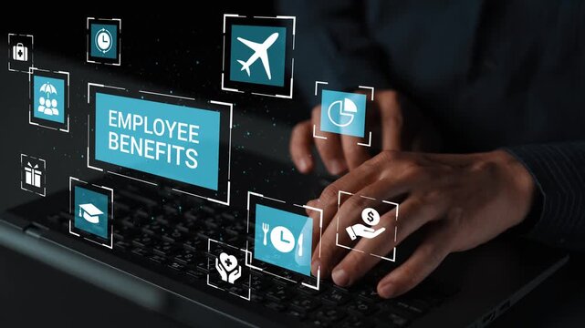 Hands Typing on Laptop with Interactive Icons for Employee Benefits and Corporate Wellness Programs in a Digital Workspace Environment Gluon.