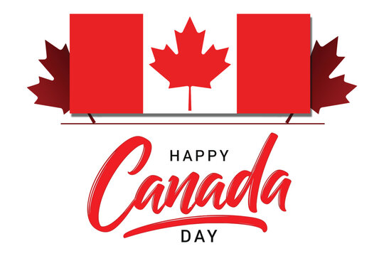 Happy canada day vector illustration featuring national flag and dark red leaves.