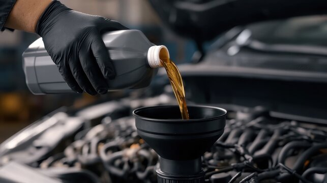 Close-up of mechanic pouring motor oil into an engine compartment during vehicle maintenance in a professional garage setting