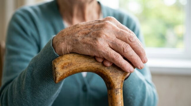 Elderly woman's hands, aged and weathered, resting gently on a polished wooden cane indoors.