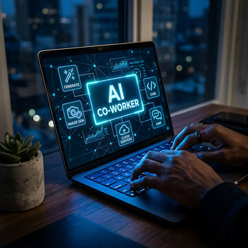 AI co worker interface on laptop with digital generate prompt chat automation and analytics icons representing human and artificial intelligence collaboration for modern business workflow