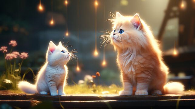beautiful portrait of an adult cat and a kitten looking deep into eachother's eyes with obvious love between them
