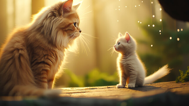 beautiful portrait of an adult cat and a kitten looking deep into eachother's eyes with obvious love between them