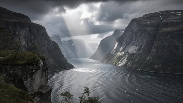 dramatic fjord valley with sun rays breaking through stormy clouds over water