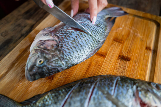 woman cutting fresh mojarra fish on wooden board for cooking