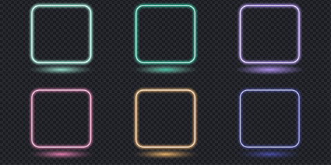 Colorful neon rounded square frame and border set. Isolated vector illustration of glowing teal, purple, pink, and yellow outline frames on dark transparent background for modern tech design. © MdNurul