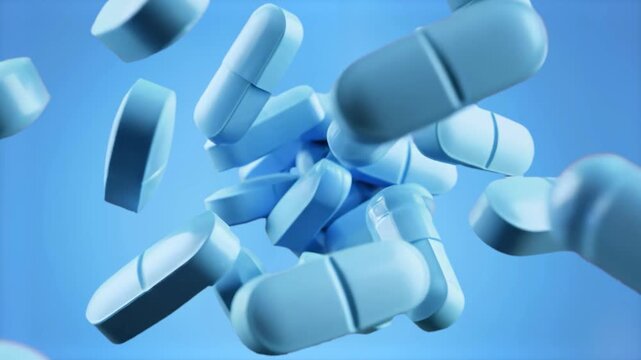 Multiple bright blue medicinal capsule pills fall and float together in a smooth 3D animated loop over a solid light blue background. This professional visual asset is designed for healthcare tutorial