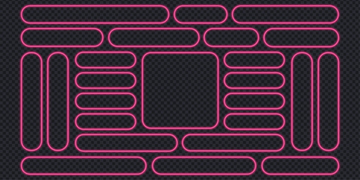 Pink neon geometric capsule and rounded square frame set. Isolated vector illustration of vibrant glow outline shapes on transparent dark background for tech UI and futuristic design.