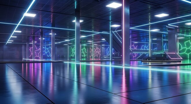 Spacious indoor dance studio featuring colorful neon lights reflecting on a glossy floor, creating a vibrant and energetic atmosphere in a contemporary setting.