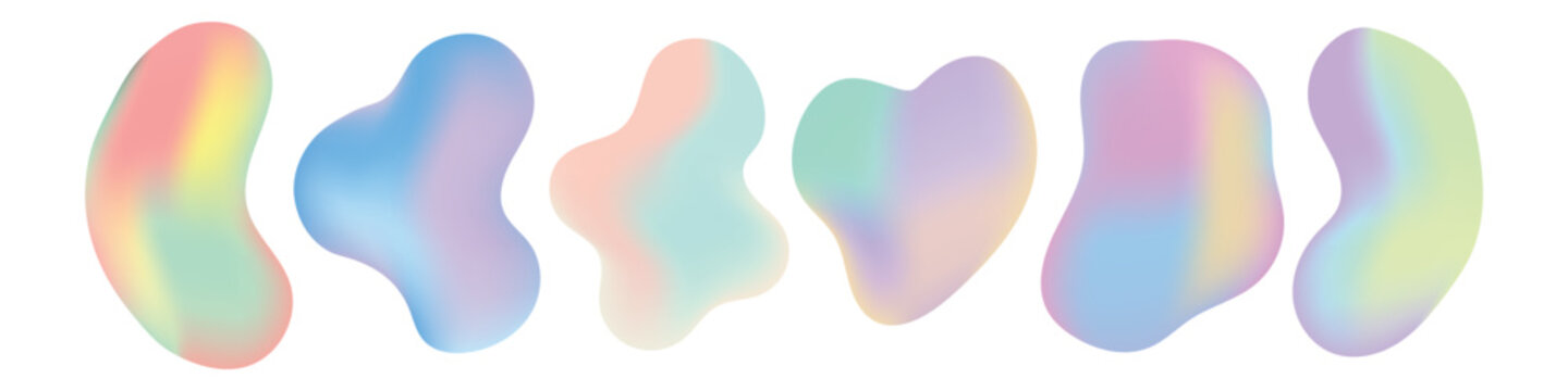 Colorful holographic gradient liquid blob shape set. Isolated vector illustration of abstract iridescent organic fluid forms with pastel mesh colors for modern aesthetic design.