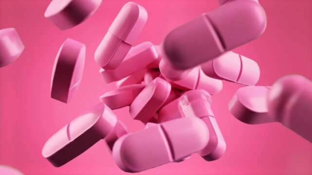 A close-up, abstract 3D animation of light pink pharmaceutical capsule pills tumbling and falling continuously against a matching pink background. This clean backdrop is ideal for medical marketing, p