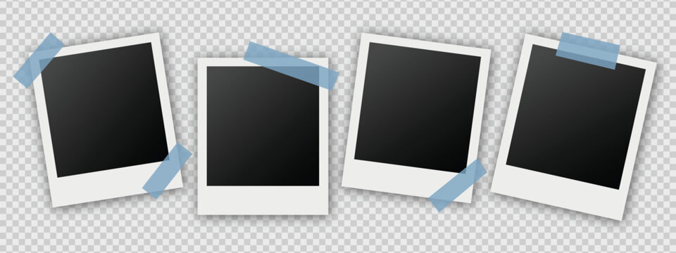 Retro instant photo frame set with adhesive blue tape. Isolated vector illustration of blank polaroid style picture frames on transparent background for nostalgic collage and photography design.