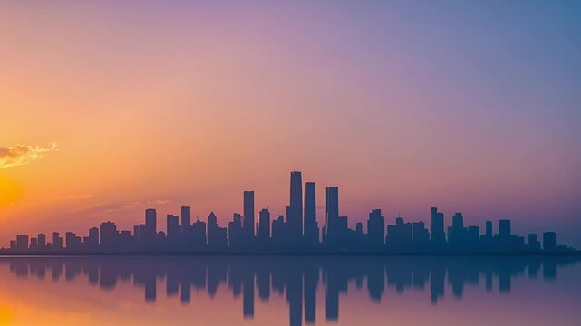 city skyline sunrise over calm water reflection silhouette