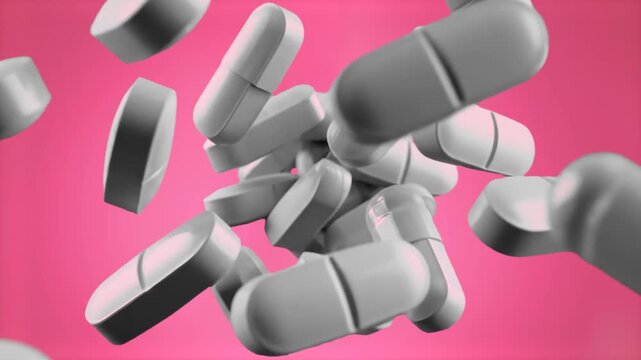 A dynamic 3D animation showing a close-up of white capsule pills falling and floating in the air against a vivid pink backdrop. This footage is perfect for healthcare marketing, pharmaceutical adverti