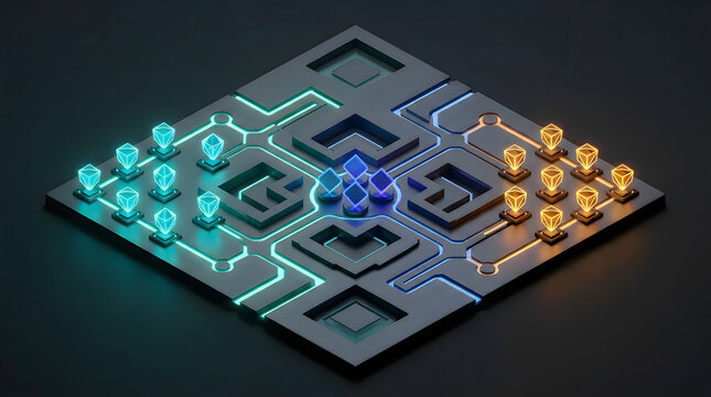 Isometric digital maze with glowing resource nodes and path routing